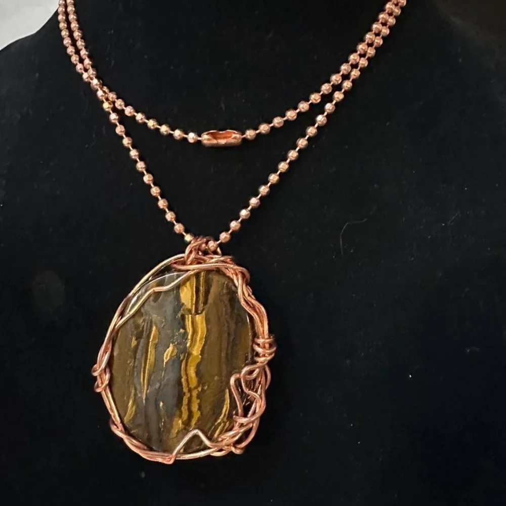 Tigers Eye Pendant Necklace Solid Pure Copper Chain Unisex Handmade Gift Tiger's - Picture 3 of 6